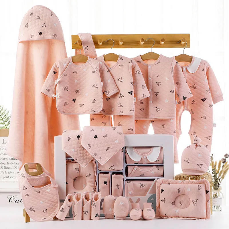 Baby cotton clothes gift box set showing cardigan suits with cartoon patterns in blue and pink