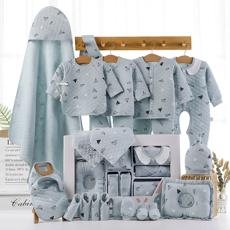Baby cotton clothes gift box set showing cardigan suits with cartoon patterns in blue and pink