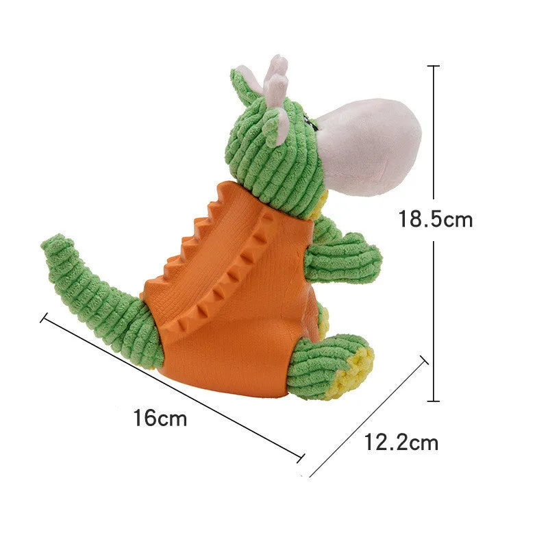 Four animal-shaped pet chew toys: a green-vested puppy, purple hedgehog, orange Ryoma figure, and yellow duckling, each with a head airbag.