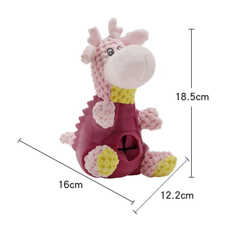 Four animal-shaped pet chew toys: a green-vested puppy, purple hedgehog, orange Ryoma figure, and yellow duckling, each with a head airbag.