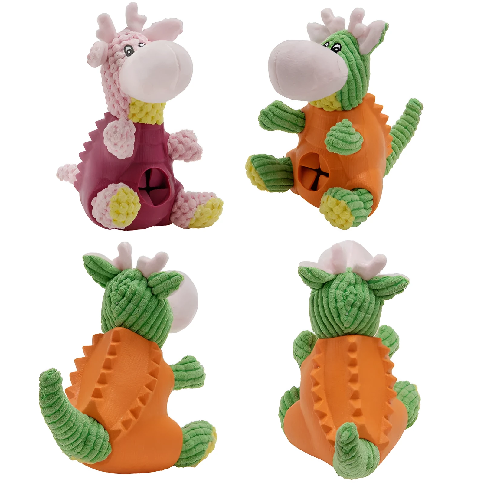 Four animal-shaped pet chew toys: a green-vested puppy, purple hedgehog, orange Ryoma figure, and yellow duckling, each with a head airbag.