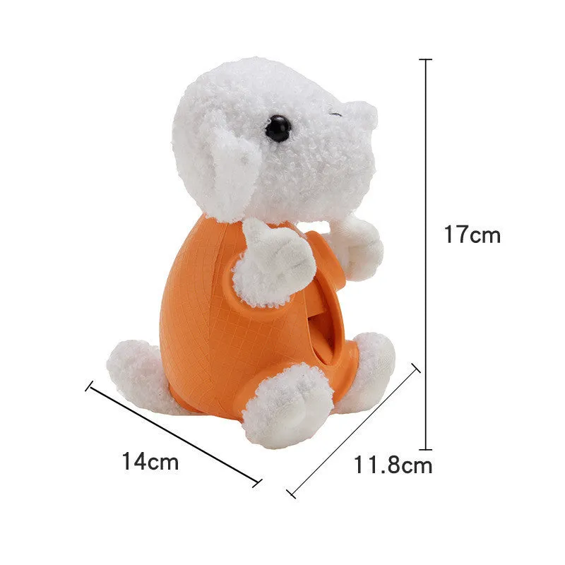 Four animal-shaped pet chew toys: a green-vested puppy, purple hedgehog, orange Ryoma figure, and yellow duckling, each with a head airbag.