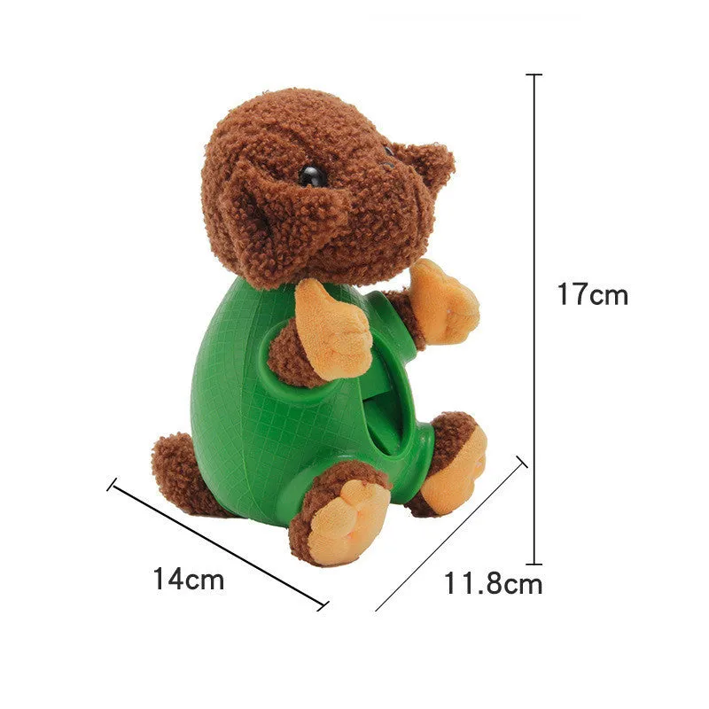 Four animal-shaped pet chew toys: a green-vested puppy, purple hedgehog, orange Ryoma figure, and yellow duckling, each with a head airbag.