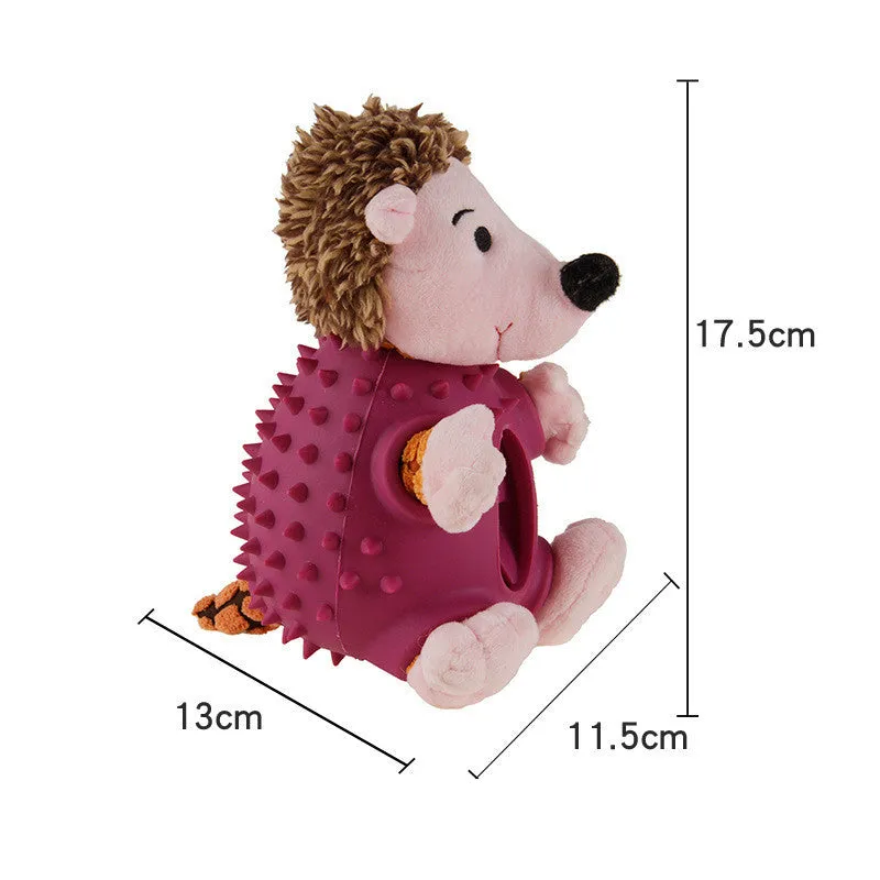 Four animal-shaped pet chew toys: a green-vested puppy, purple hedgehog, orange Ryoma figure, and yellow duckling, each with a head airbag.