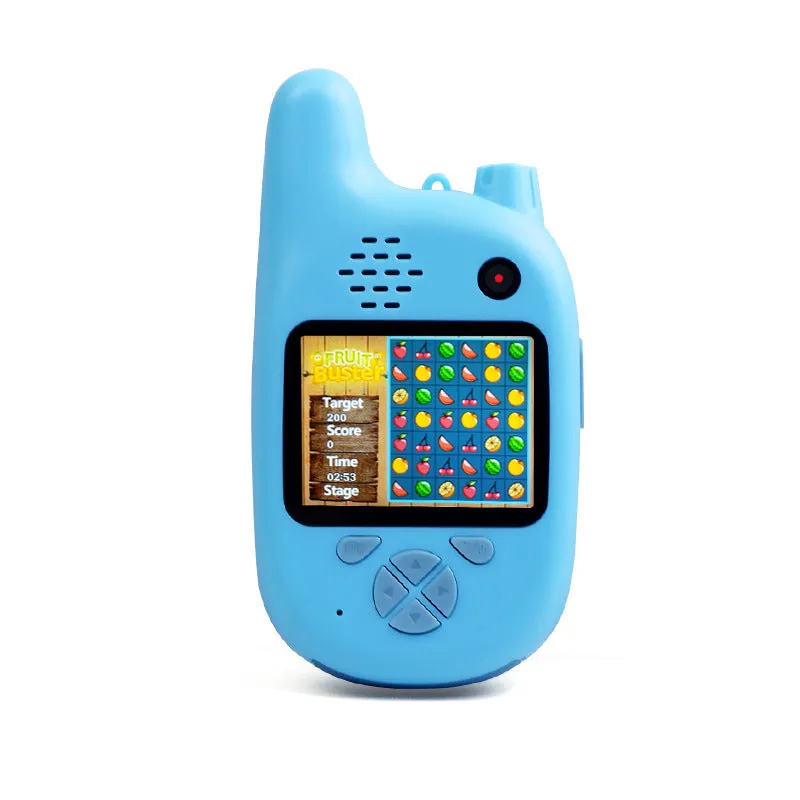 Blue and pink walkie-talkie style kids digital camera with a wide-angle lens and a small colour screen.