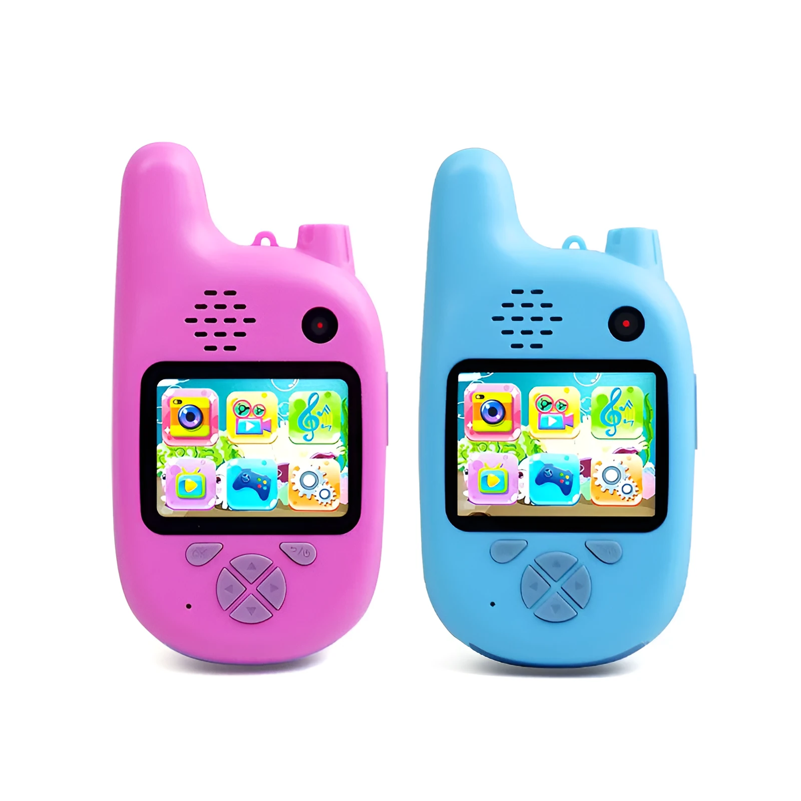 Blue and pink walkie-talkie style kids digital camera with a wide-angle lens and a small colour screen.