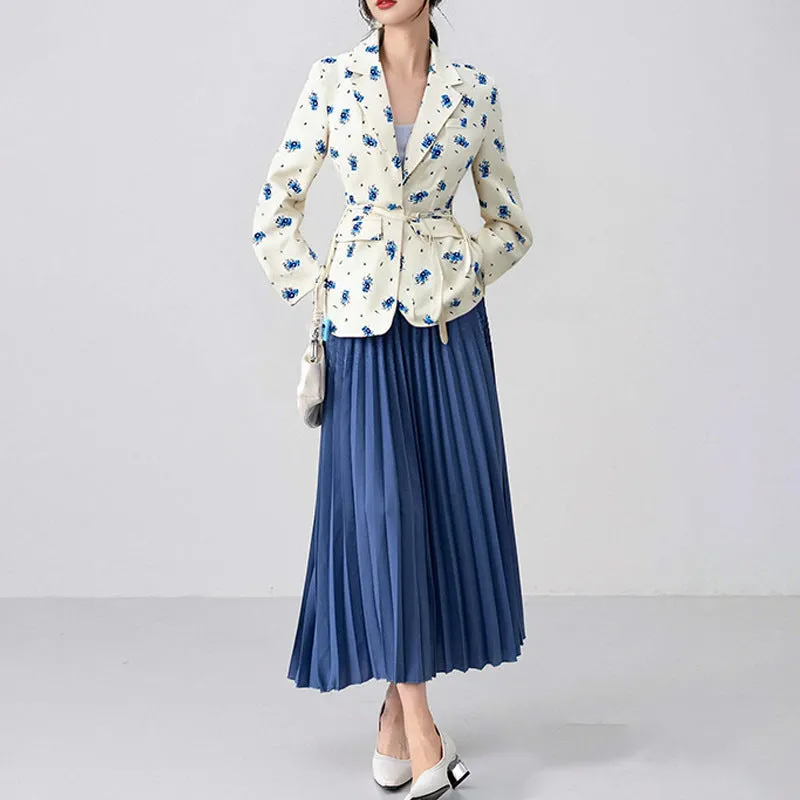 Polyester suit jacket with an adjustable lace-up collar at the waist, shown in a floral print colour option.