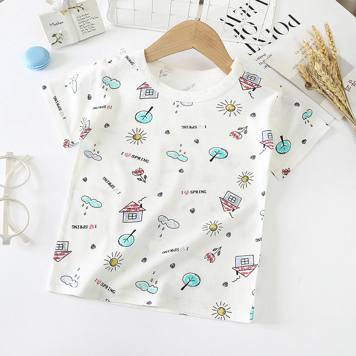 Children's short-sleeved cotton T-shirt with animal print, soft fabric, size 100cm, summer style