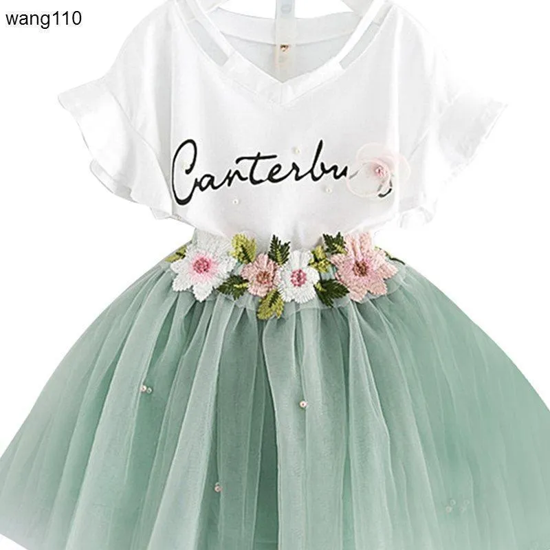 Summer kids girls clothing set two piece t-shirt hole pants green jeans pink sizes 100-140cm