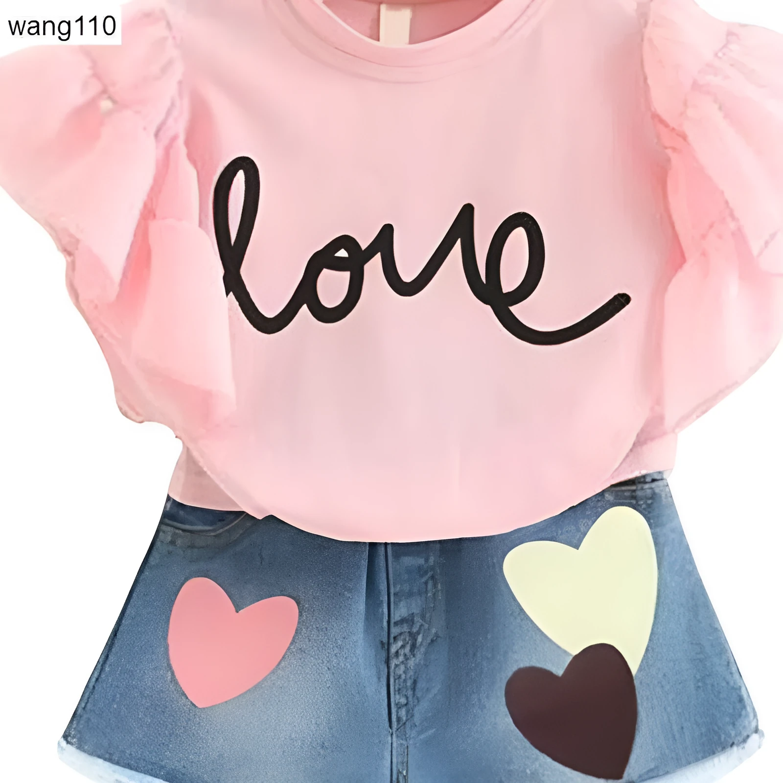 Summer kids girls clothing set two piece t-shirt hole pants green jeans pink sizes 100-140cm