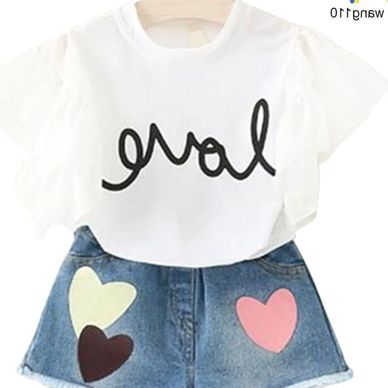 Summer kids girls clothing set two piece t-shirt hole pants green jeans pink sizes 100-140cm