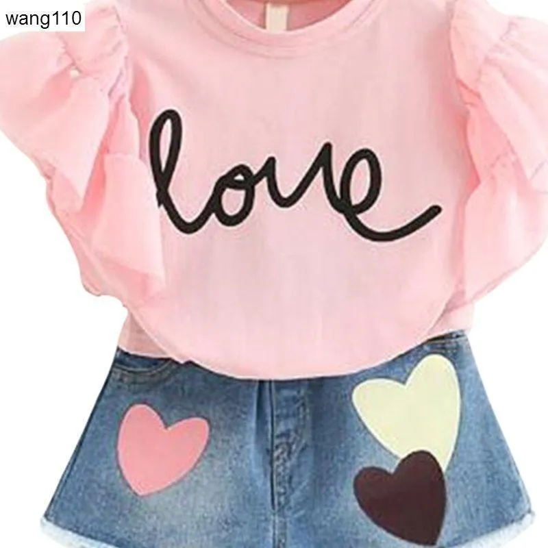 Summer kids girls clothing set two piece t-shirt hole pants green jeans pink sizes 100-140cm