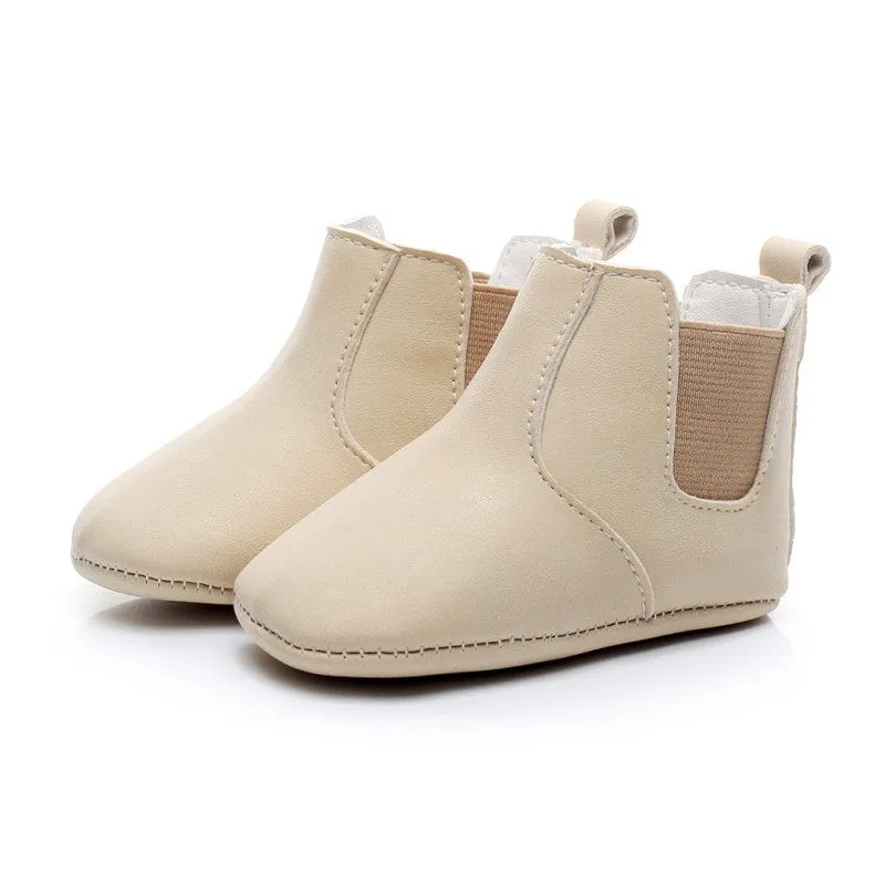 Baby shoes elastic PU soft toddler shoes middle tube beige unisex 0-24 months