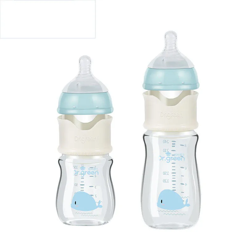 Wide caliber baby glass bottle in blue with arc shape for infant feeding