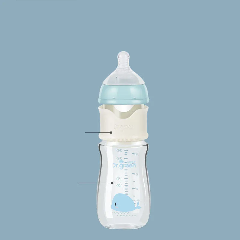 Wide caliber baby glass bottle in blue with arc shape for infant feeding