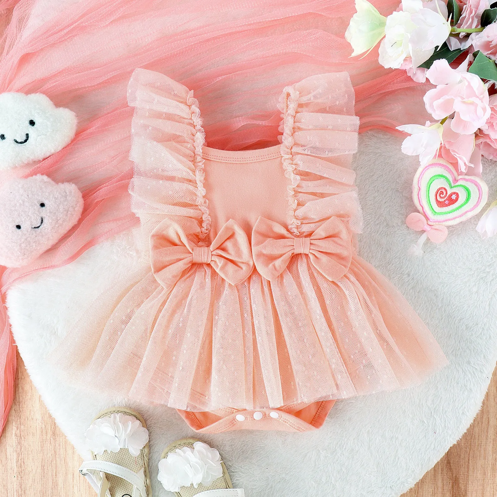 Cotton baby jumpsuit with net skirt triangle bodysuit in pink for summer girls 0-18 months