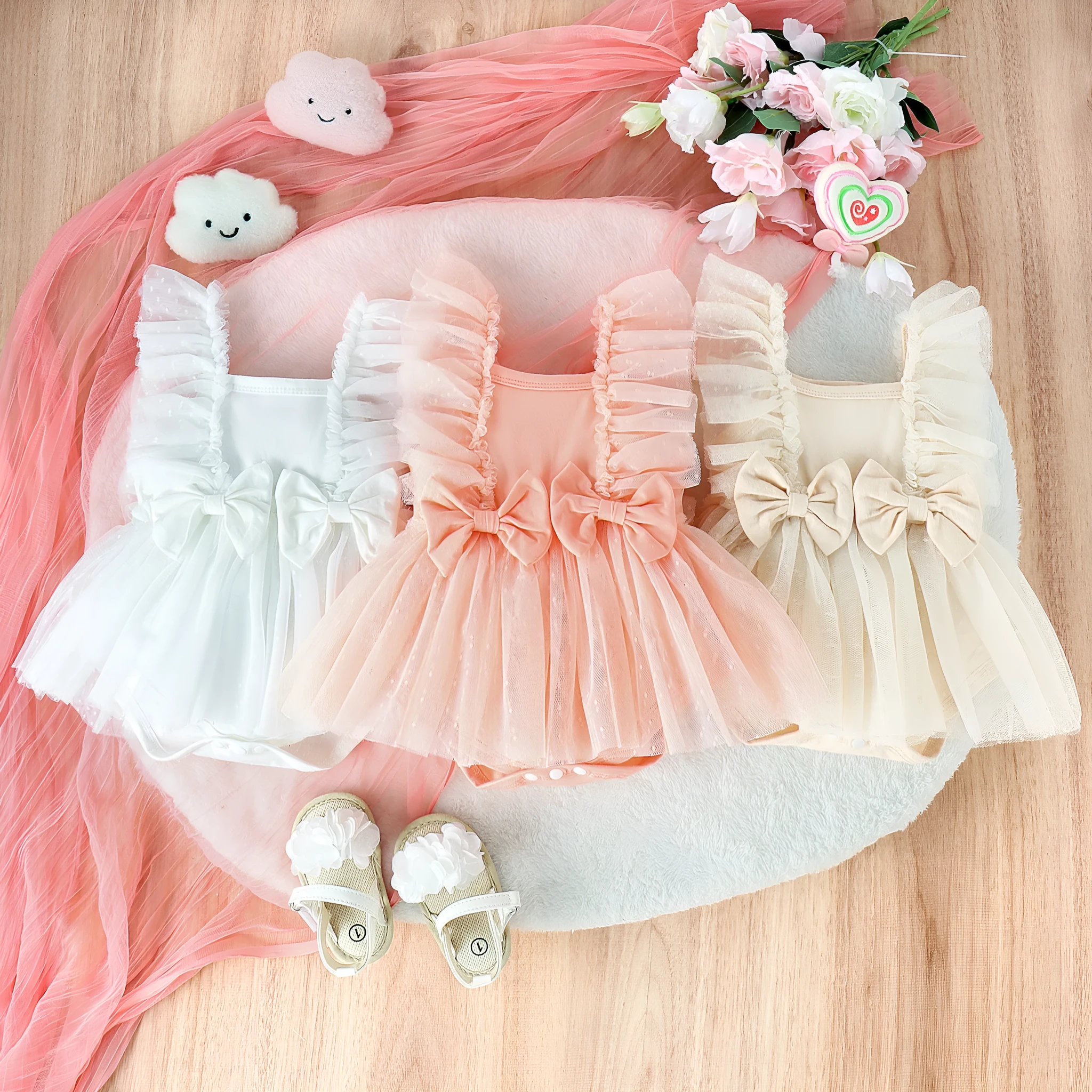 Cotton baby jumpsuit with net skirt triangle bodysuit in pink for summer girls 0-18 months