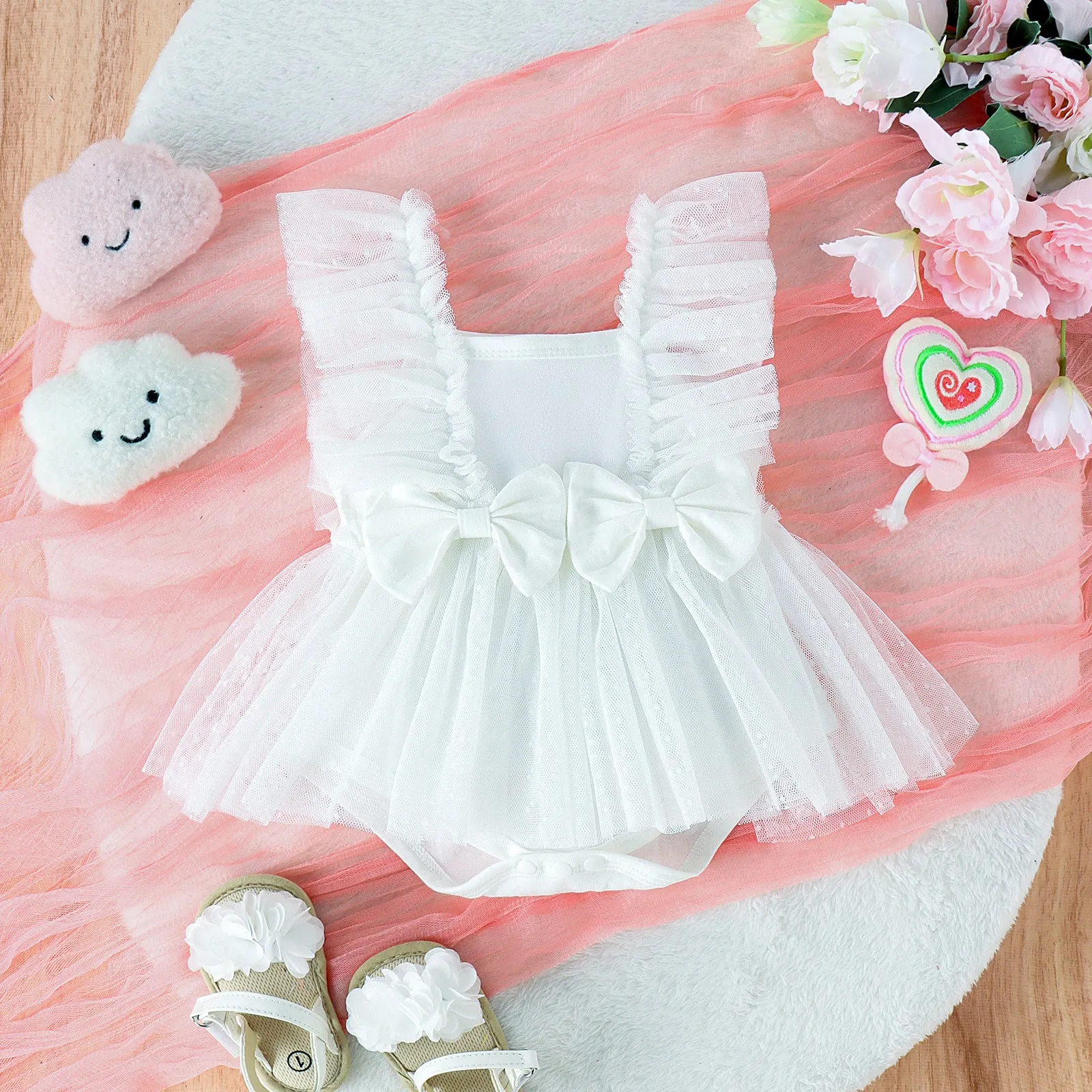 Cotton baby jumpsuit with net skirt triangle bodysuit in pink for summer girls 0-18 months