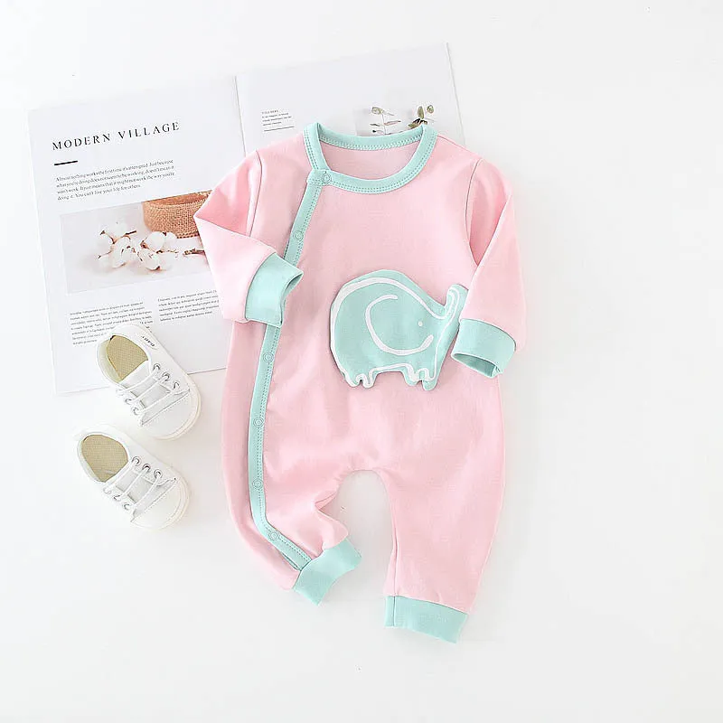 Baby cotton long sleeve romper with diagonal button closure in blue house print