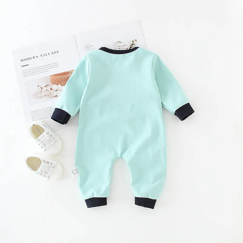 Baby cotton long sleeve romper with diagonal button closure in blue house print