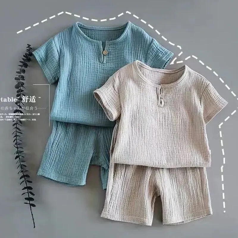 Baby boys girls summer two-piece cotton suit with short sleeves and folded detail in lake blue, dark green, brown, white, light grey