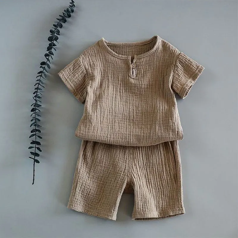 Baby boys girls summer two-piece cotton suit with short sleeves and folded detail in lake blue, dark green, brown, white, light grey