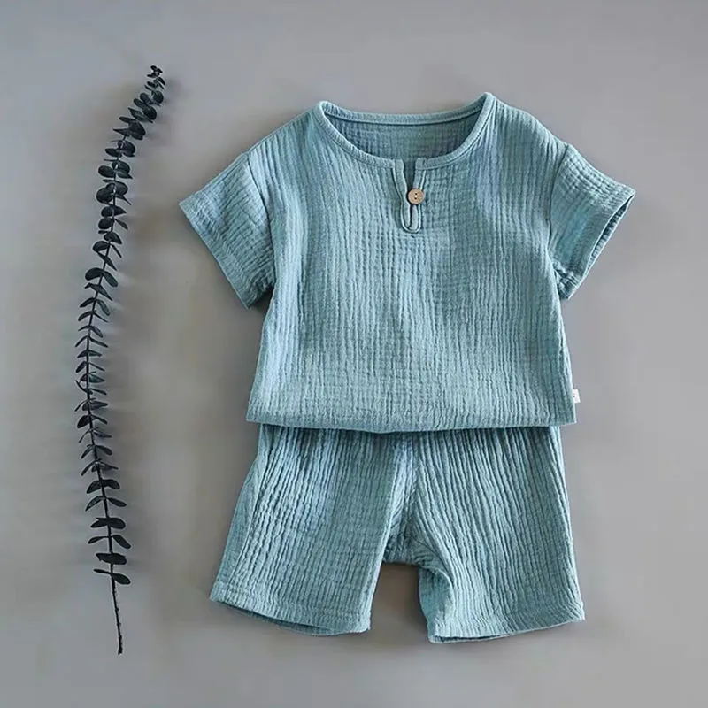 Baby boys girls summer two-piece cotton suit with short sleeves and folded detail in lake blue, dark green, brown, white, light grey