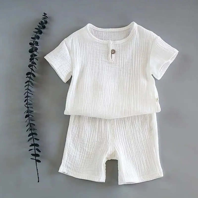 Baby boys girls summer two-piece cotton suit with short sleeves and folded detail in lake blue, dark green, brown, white, light grey