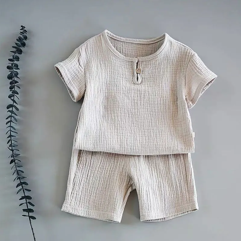 Baby boys girls summer two-piece cotton suit with short sleeves and folded detail in lake blue, dark green, brown, white, light grey