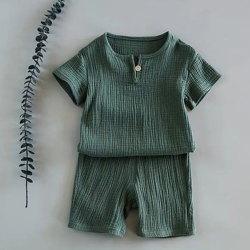 Baby boys girls summer two-piece cotton suit with short sleeves and folded detail in lake blue, dark green, brown, white, light grey