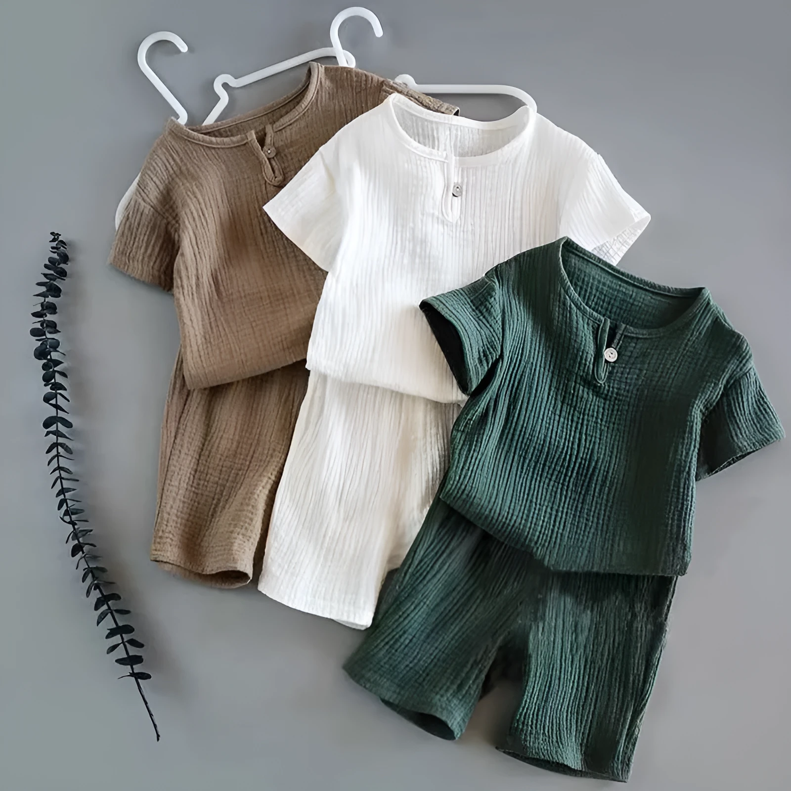Baby boys girls summer two-piece cotton suit with short sleeves and folded detail in lake blue, dark green, brown, white, light grey
