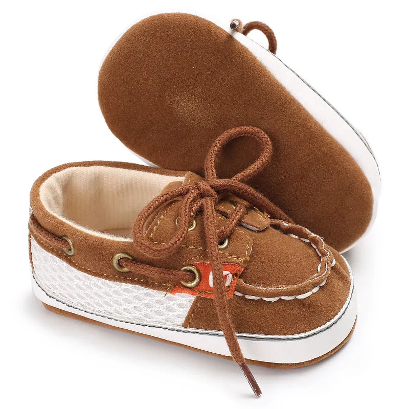 Baby soft bottom toddler shoes in beige with mesh upper and non-slip sole on a white background