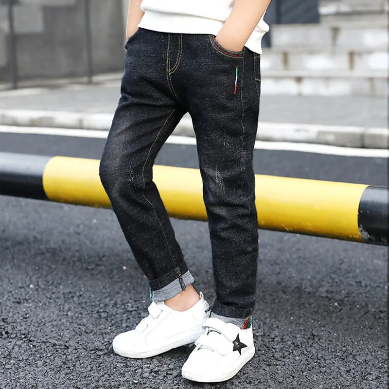 Boys' denim trousers mid-waist blue cotton trousers for children 110-160cm
