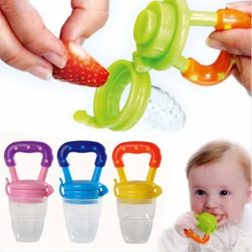 New baby silicone pacifier encapsulated food feeder in size M with blue silicone nipple