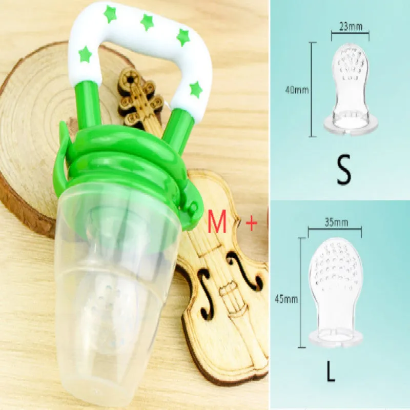 New baby silicone pacifier encapsulated food feeder in size M with blue silicone nipple