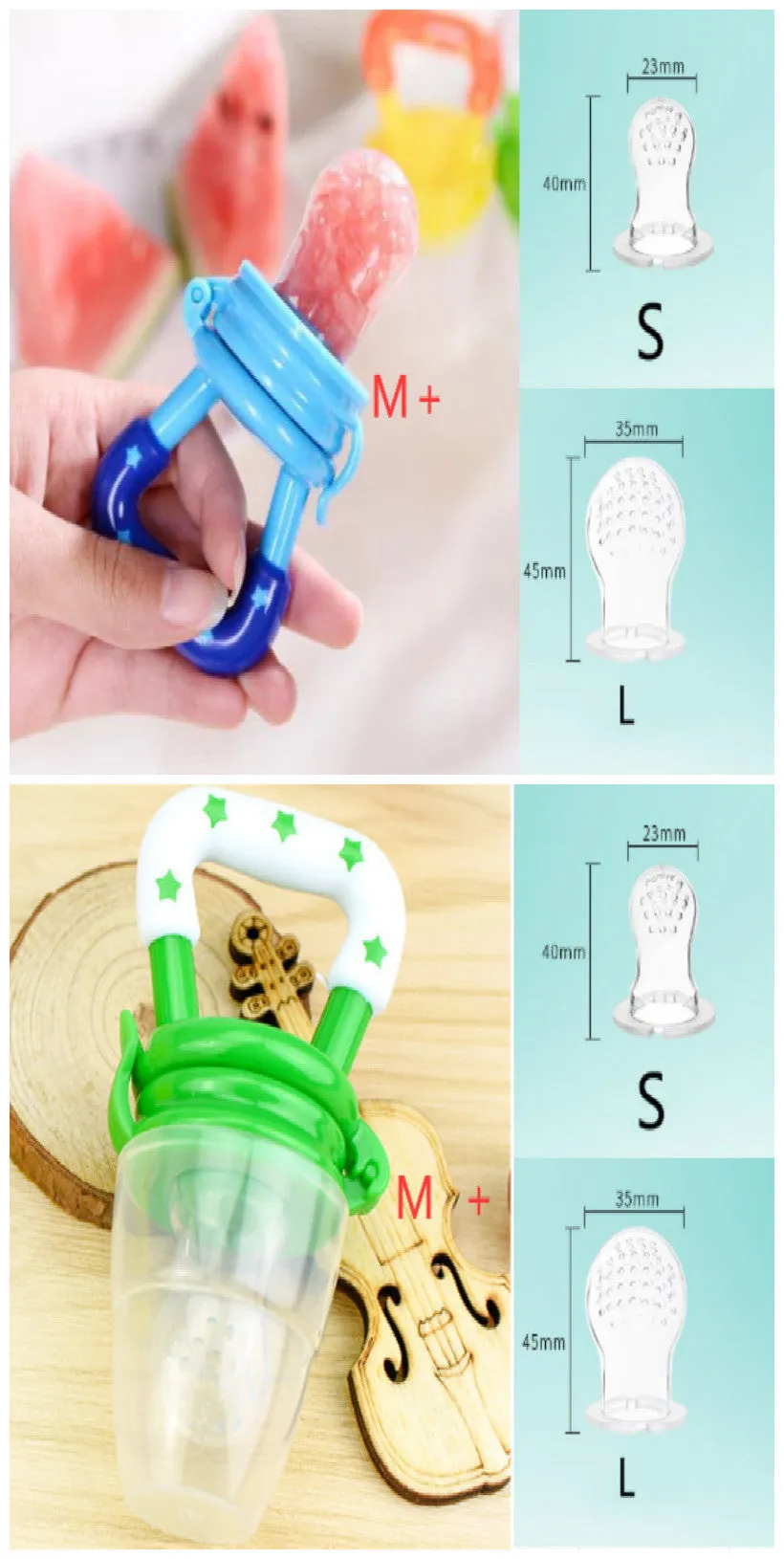 New baby silicone pacifier encapsulated food feeder in size M with blue silicone nipple