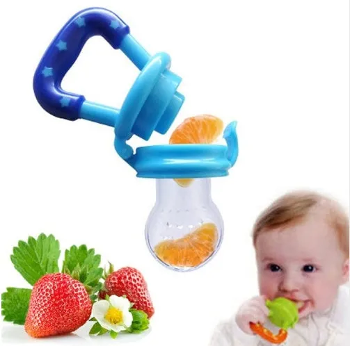 New baby silicone pacifier encapsulated food feeder in size M with blue silicone nipple