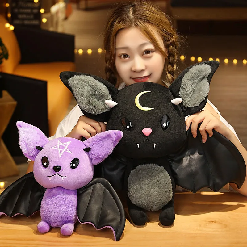 Purple and black short plush bat toys with PP cotton filling, 30cm and 45cm sizes, on a light background
