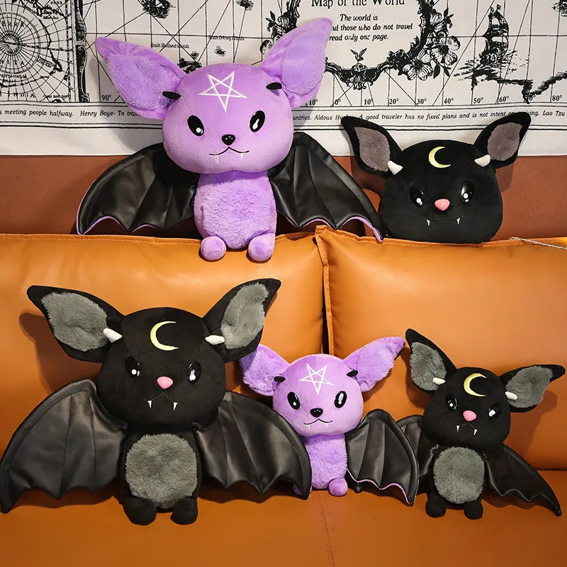 Purple and black short plush bat toys with PP cotton filling, 30cm and 45cm sizes, on a light background
