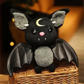 Purple and black short plush bat toys with PP cotton filling, 30cm and 45cm sizes, on a light background