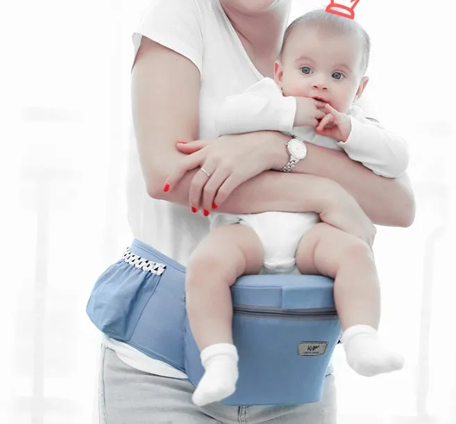 Baby carrier waist stool walker in blue with padded waist belt and hipseat, front zipper bag and side mesh bag visible