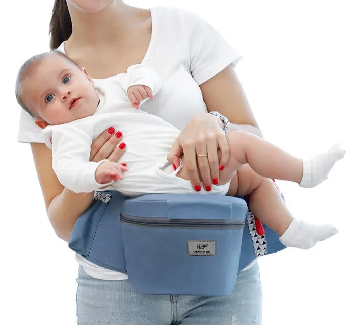 Baby carrier waist stool walker in blue with padded waist belt and hipseat, front zipper bag and side mesh bag visible