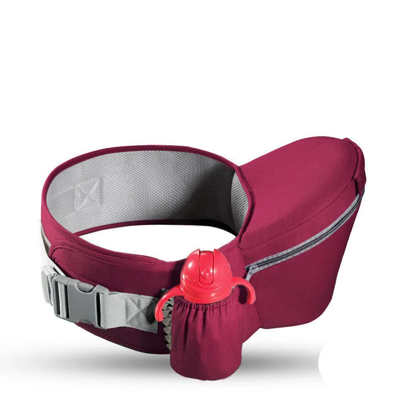 Baby carrier waist stool walker in blue with padded waist belt and hipseat, front zipper bag and side mesh bag visible