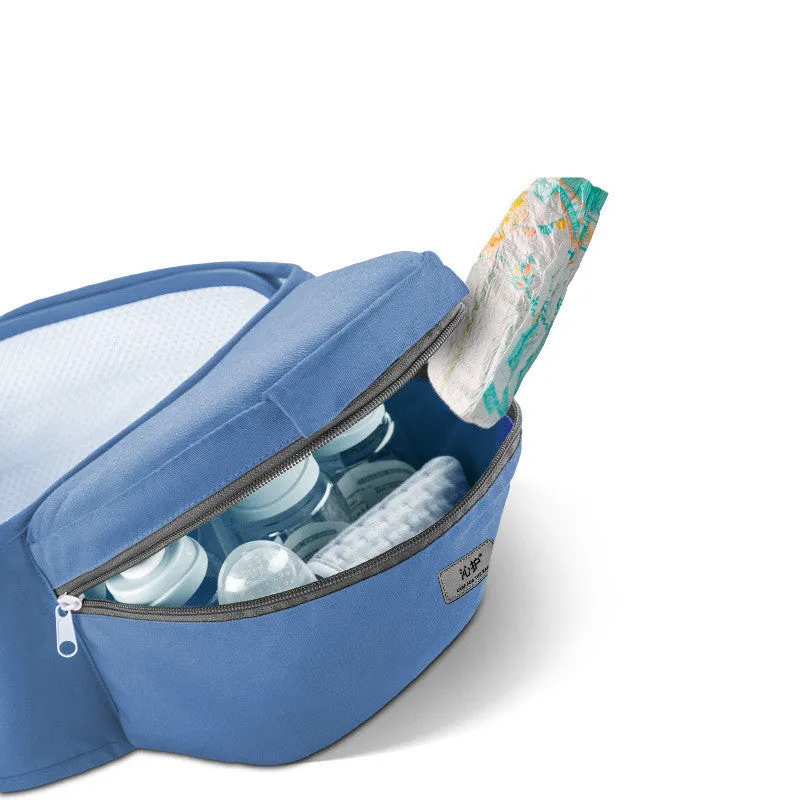 Baby carrier waist stool walker in blue with padded waist belt and hipseat, front zipper bag and side mesh bag visible