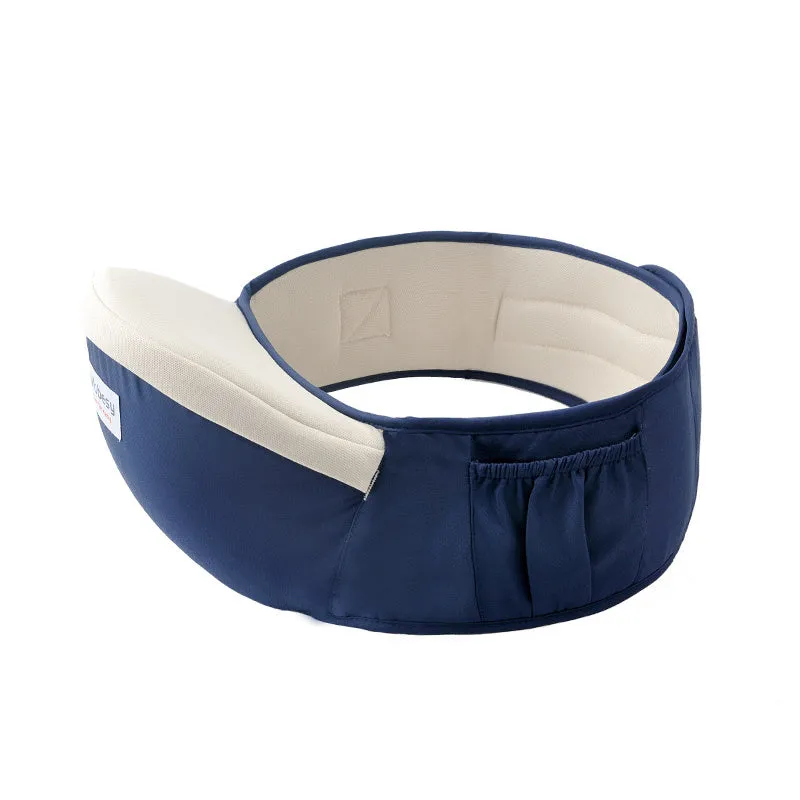 Baby carrier waist stool walker in blue with padded waist belt and hipseat, front zipper bag and side mesh bag visible