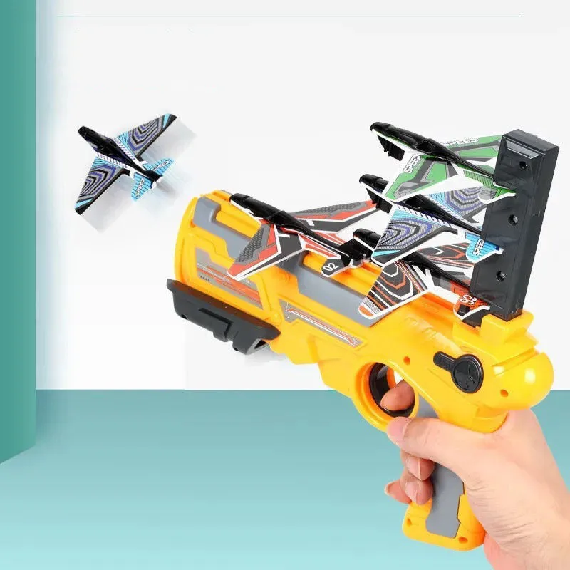 Dino Toys hand throwing spin glider launcher with blue foam airplanes and ABS plastic body