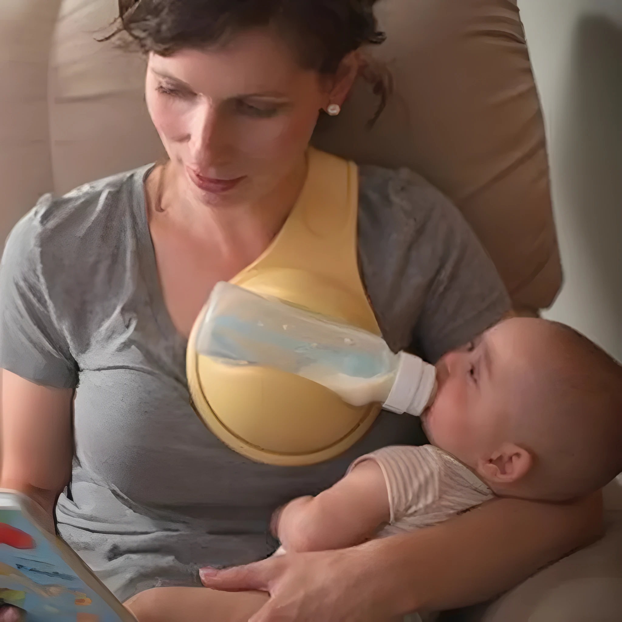 Yellow plastic hands-free baby bottle holder on a white surface, showing the bottle slot and ergonomic curve, 48x16x13cm
