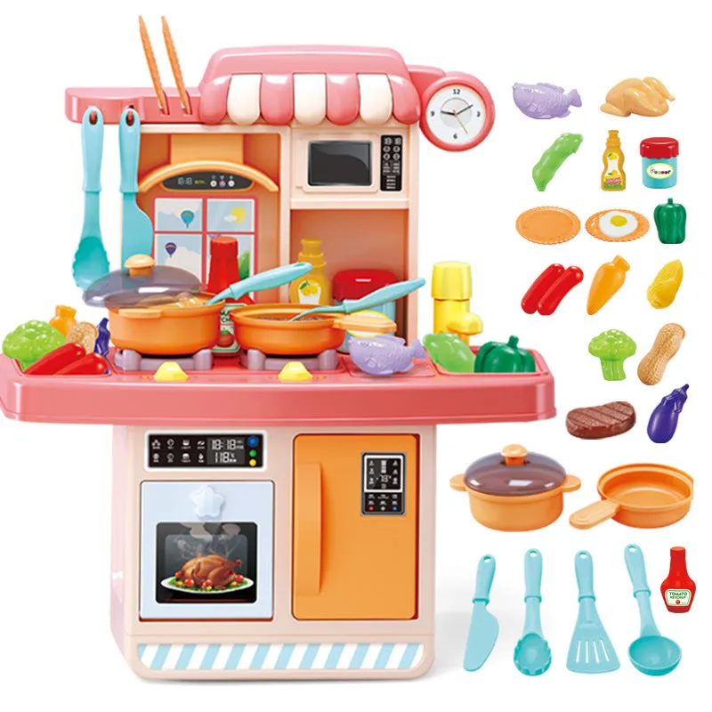 Pink 23-piece kids dishwasher pool play house kitchen set with electronic components and accessories