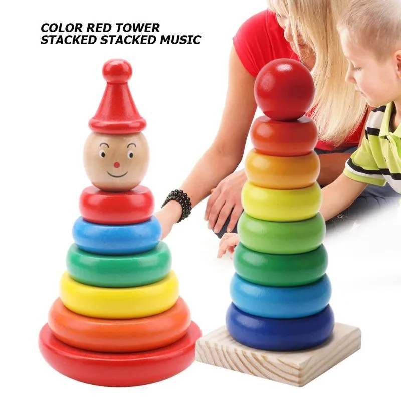 Wooden Rainbow Tower stacked circle tumbler toy for baby early education, 7.5x9x9 cm