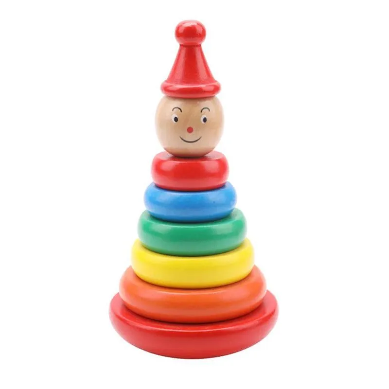 Wooden Rainbow Tower stacked circle tumbler toy for baby early education, 7.5x9x9 cm